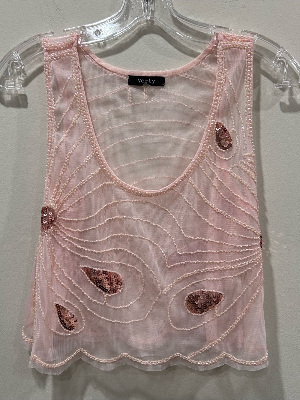 Verty Pink Beaded Sequin Mesh Tank Top. Size Medium